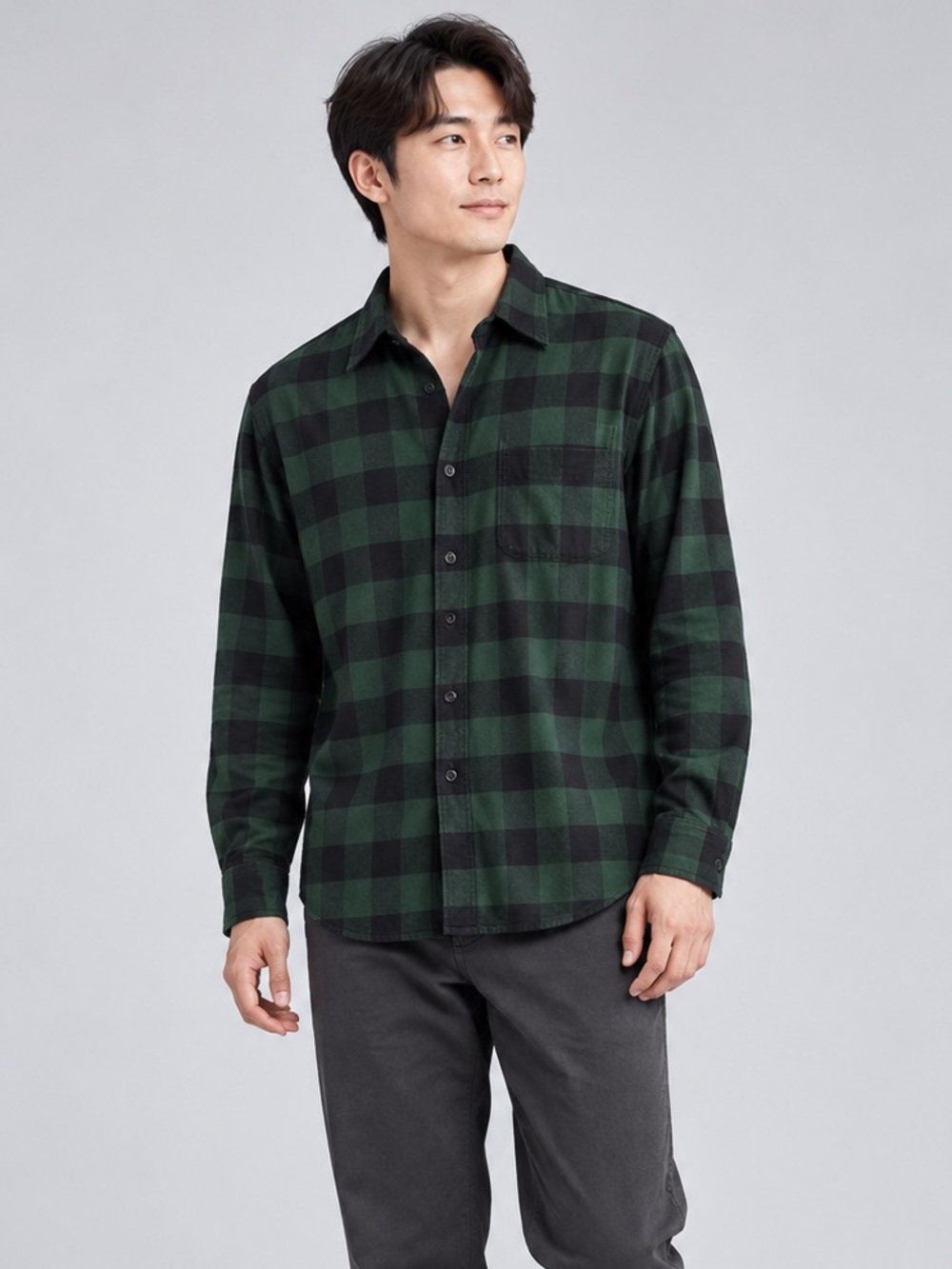 Uniqlo Green Black Flannel Plaid men’s Long Sleeve Button down shirt size medium